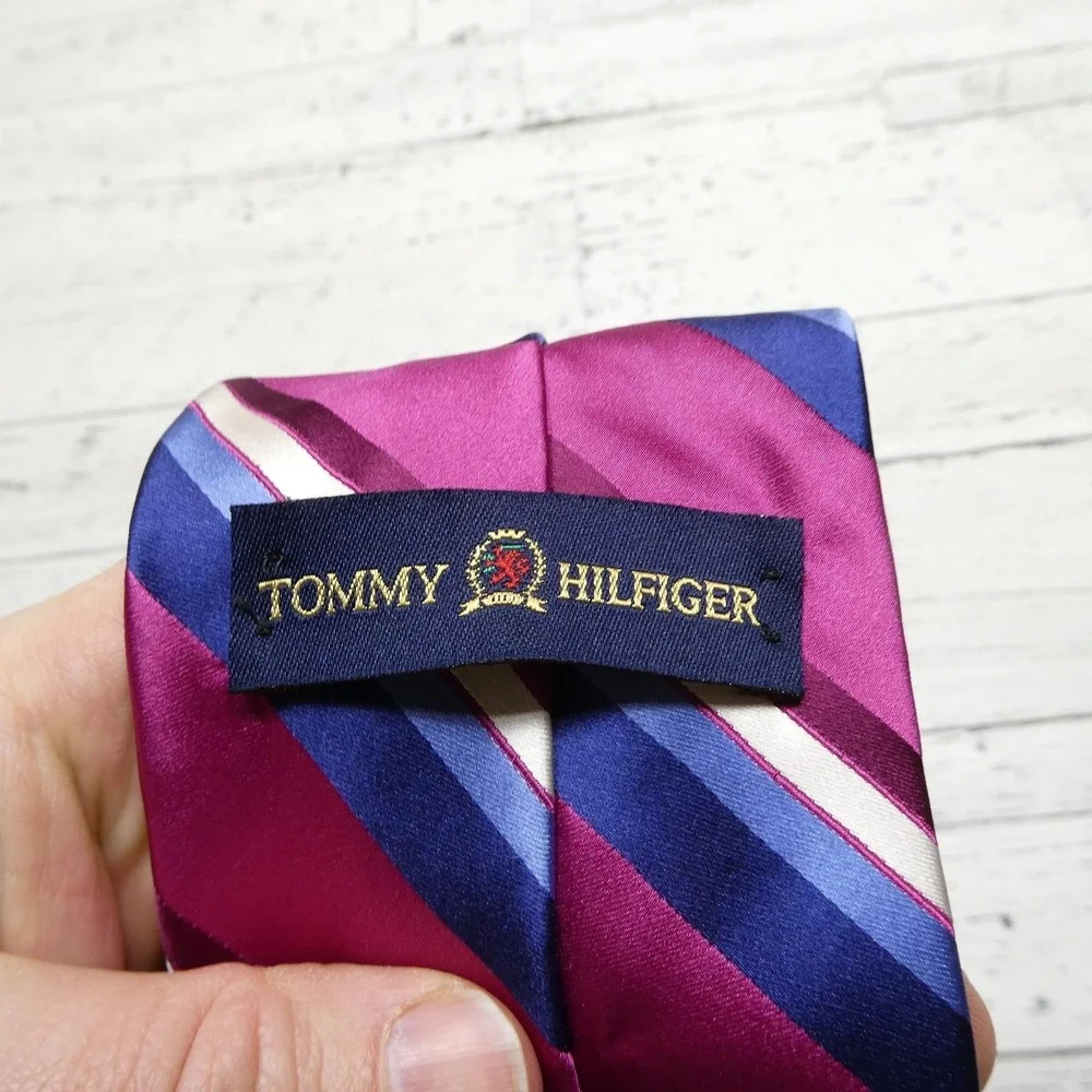 Tommy Hilfiger Tie Mens One Size Pink Blue Stripe 100% Silk Made In USA